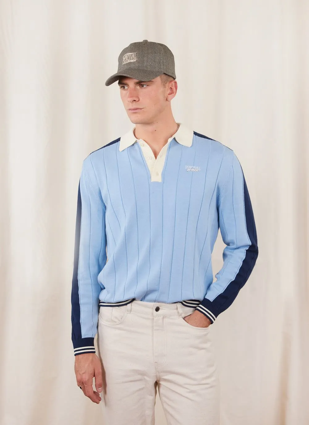 Point Long Sleeve Knit Polo | Prince x Percival | Sky
