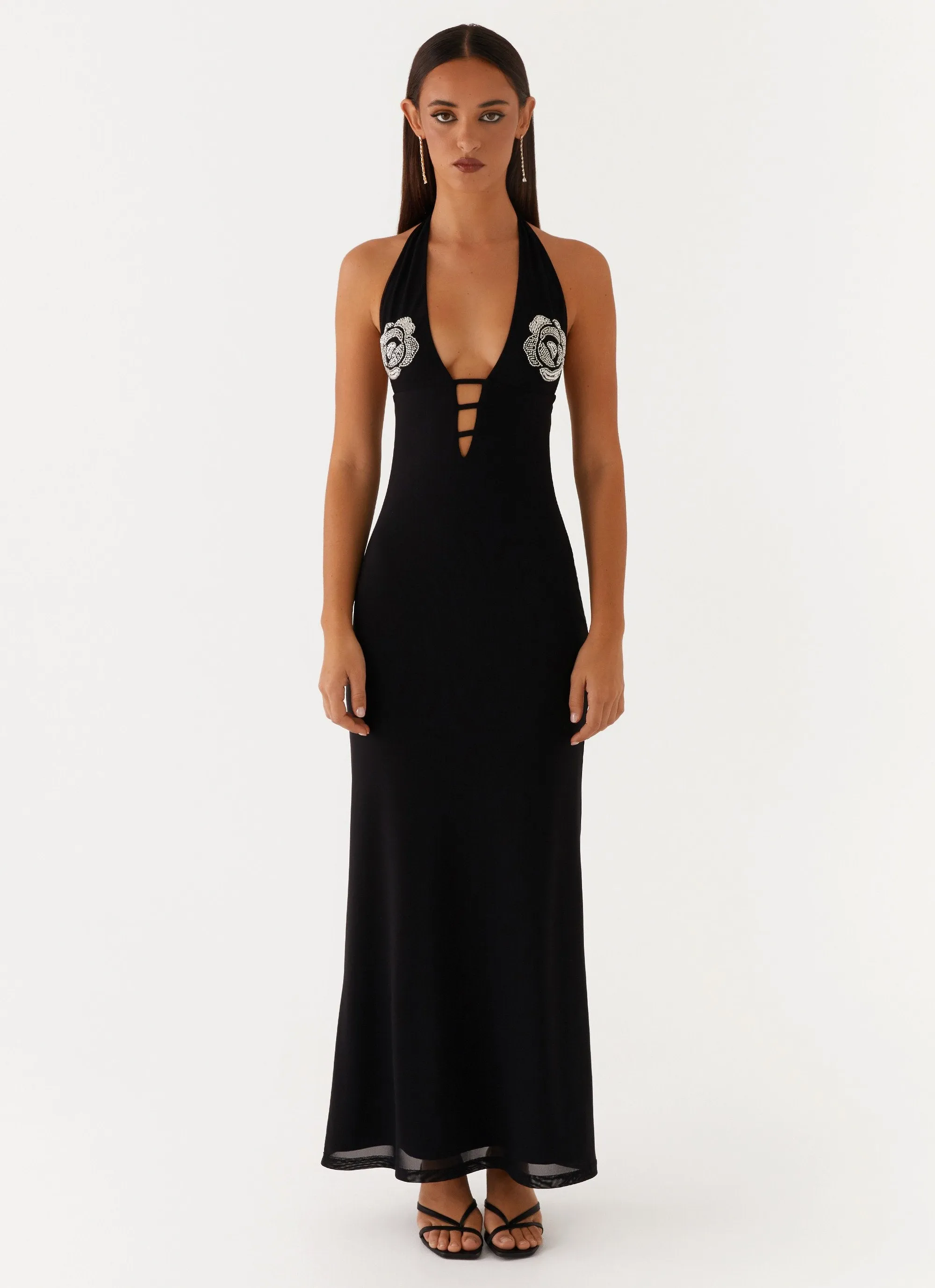 Polina Beaded Halterneck Maxi Dress - Black Sports Ready Raw edge