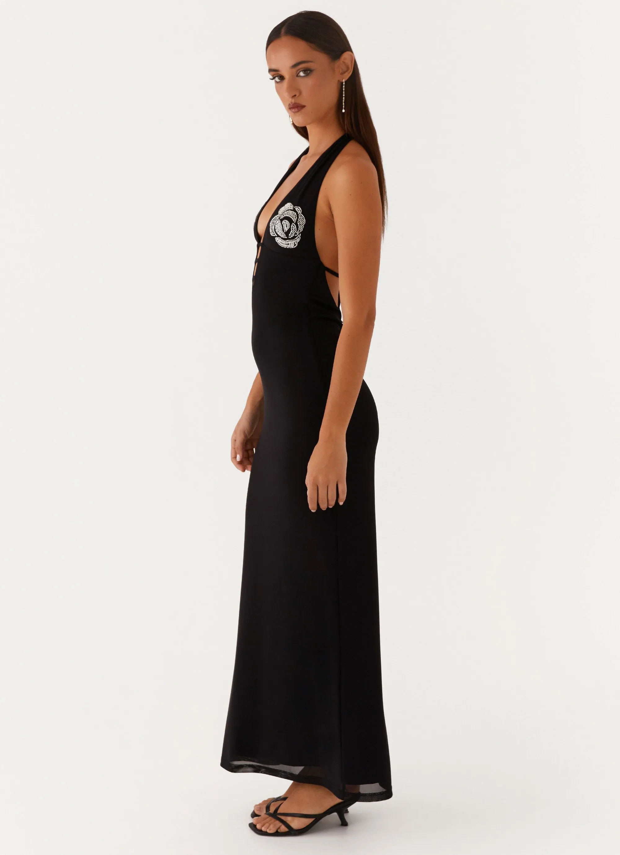 elegant design Flexible Placket Structure Polina Beaded Halterneck Maxi Dress - Black
