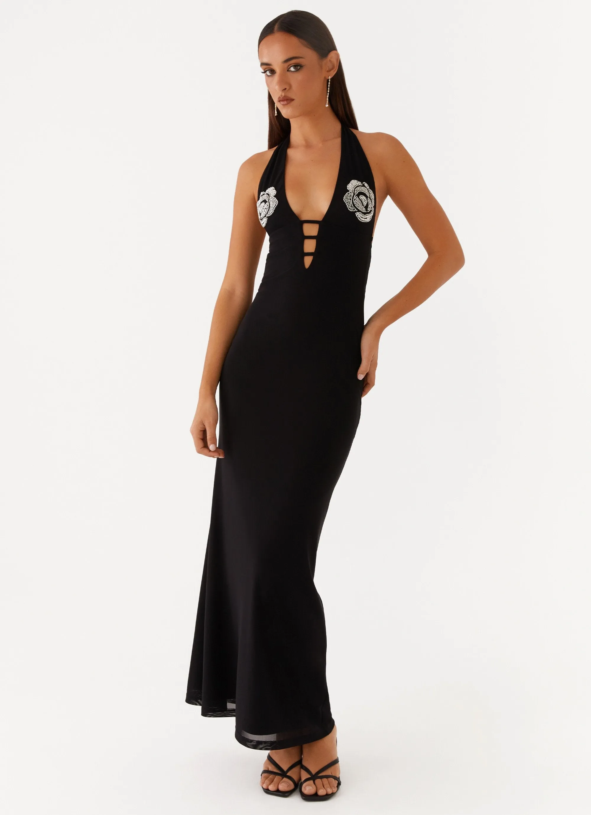 Polina Beaded Halterneck Maxi Dress - Black Conference Appropriate