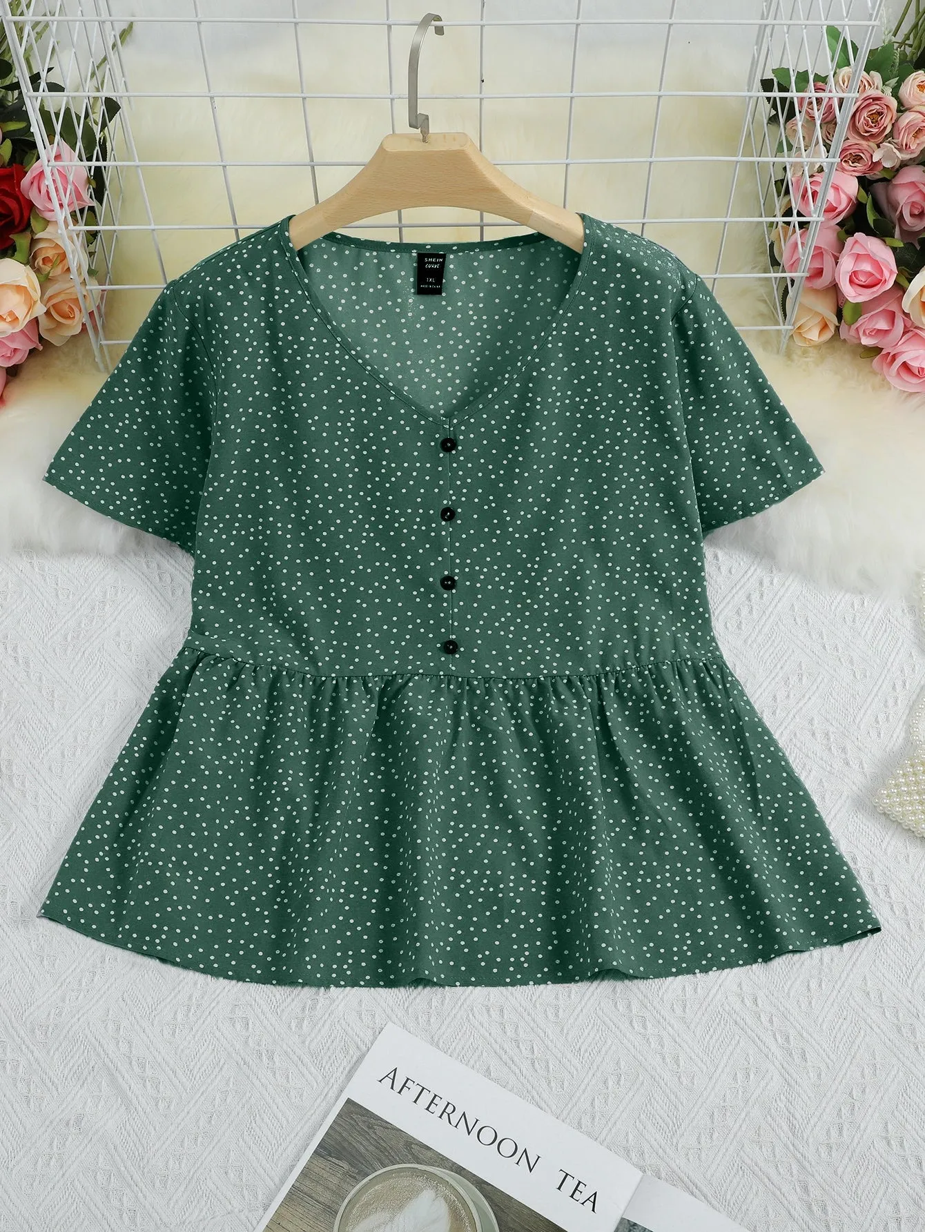 Polka Dot Button Front Short Sleeve V Neck Regular Plus Size Blouse