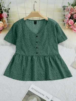 Polka Dot Button Front Short Sleeve V Neck Regular Plus Size Blouse