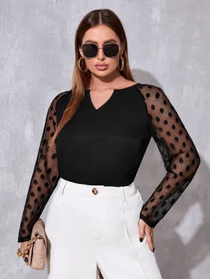 Polka Dot Contrast Mesh Long Sleeve Notched Regular Plus Size Blouse