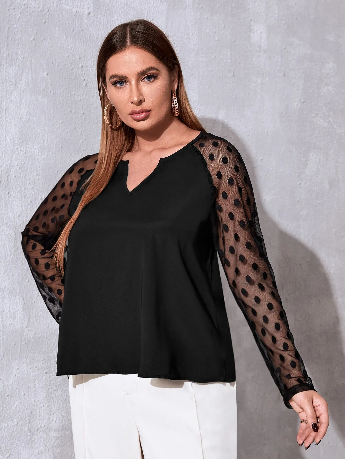 Polka Dot Contrast Mesh Long Sleeve Notched Regular Plus Size Blouse