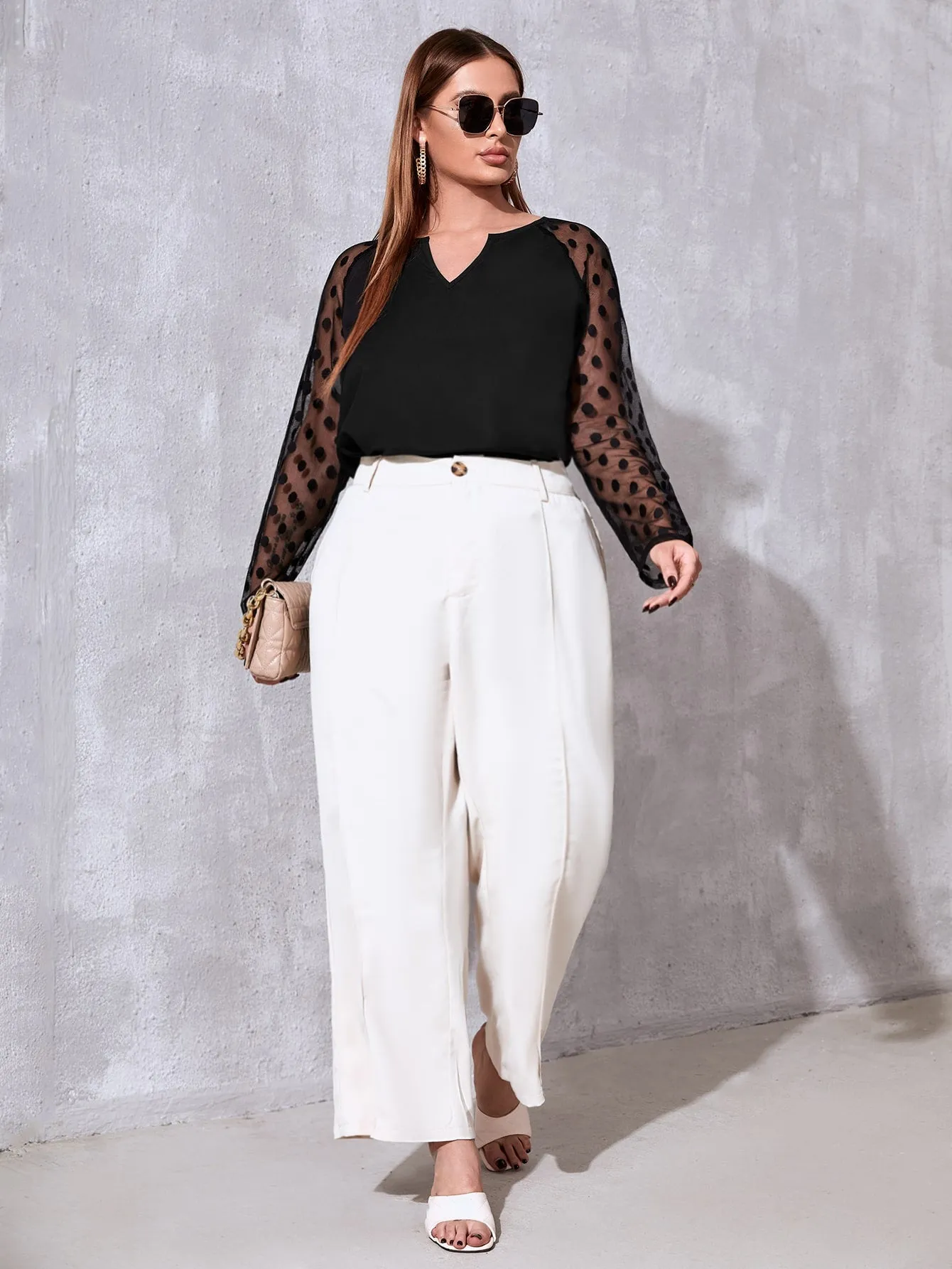 Polka Dot Contrast Mesh Long Sleeve Notched Regular Plus Size Blouse
