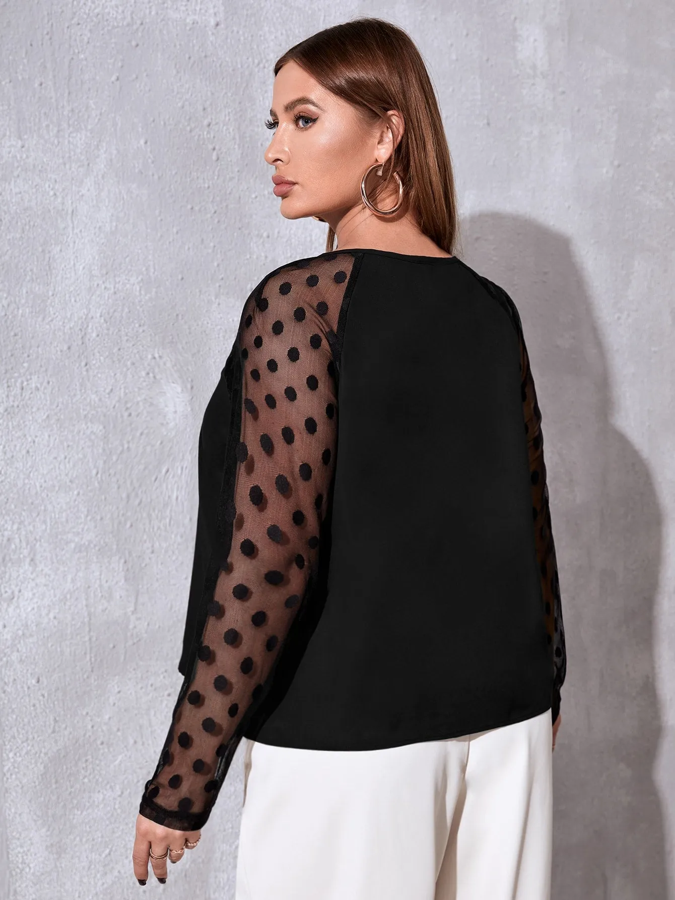 Polka Dot Contrast Mesh Long Sleeve Notched Regular Plus Size Blouse