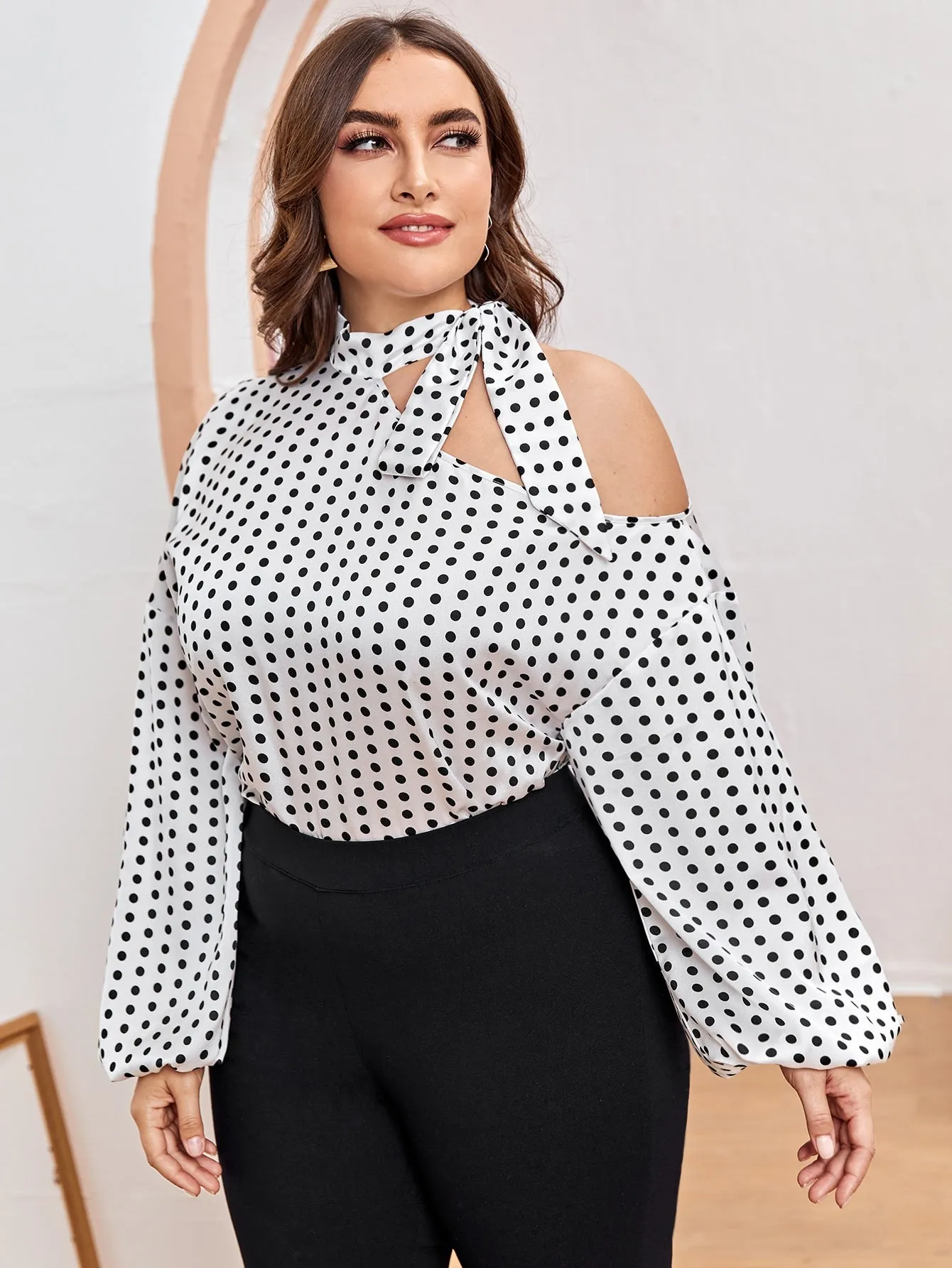 Polka Dot Long Sleeve Tie Neck Regular Plus Blouse