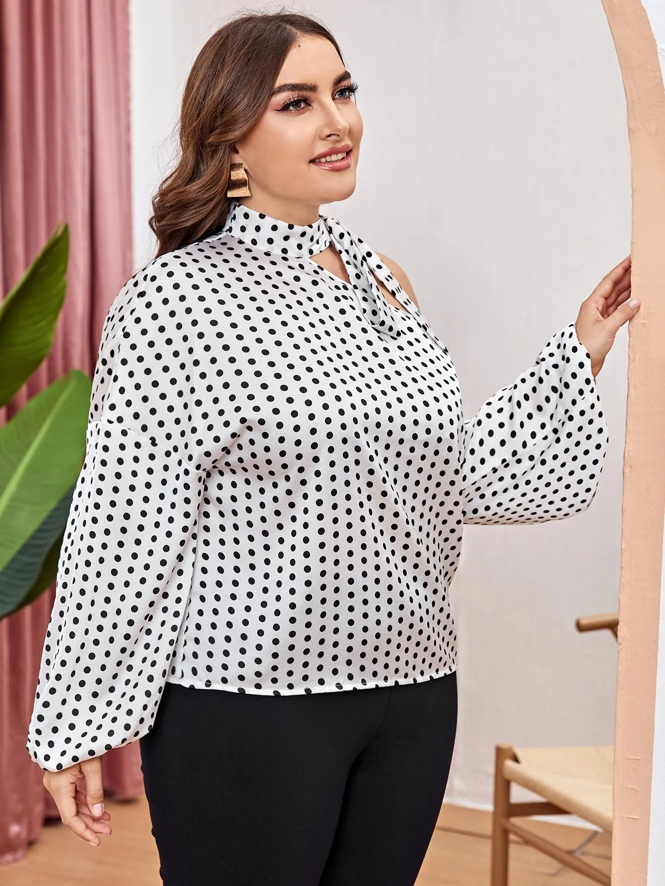 Polka Dot Long Sleeve Tie Neck Regular Plus Blouse