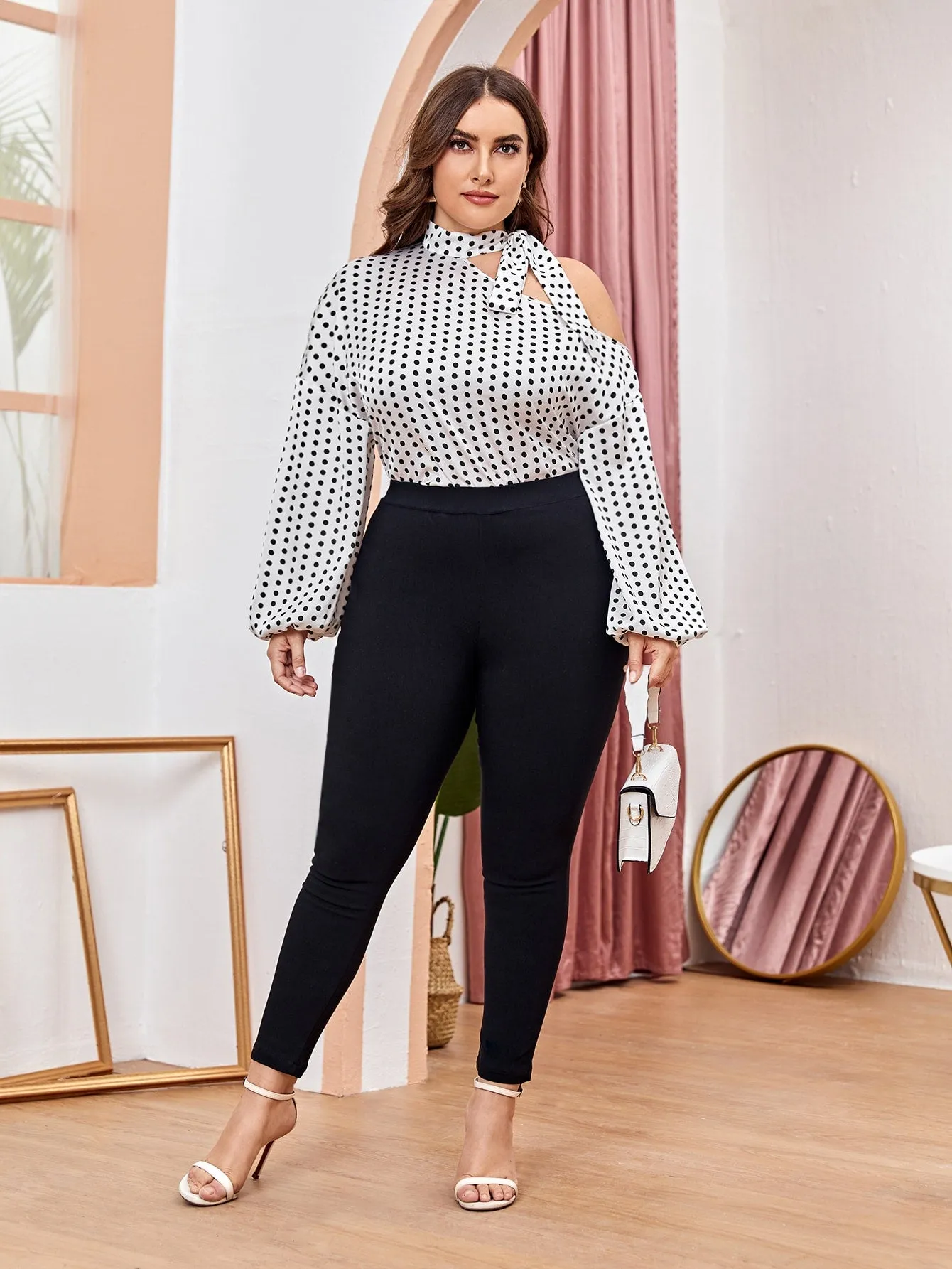 Polka Dot Long Sleeve Tie Neck Regular Plus Blouse