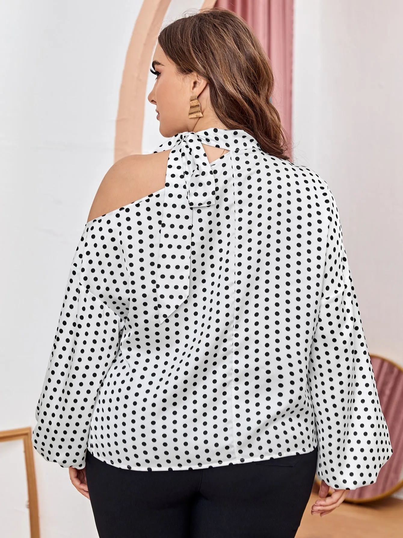 Polka Dot Long Sleeve Tie Neck Regular Plus Blouse