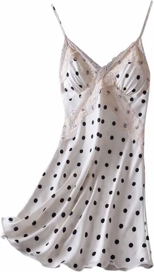 Polka Dot Nightgown for Women Sexy Lace Trim Spaghetti Straps Chemise V Neck Lingerie Slip Dress Babydoll Sleepwear