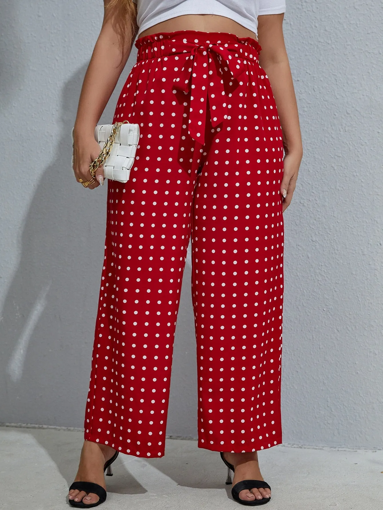 Polka Dot Paper Bag Waist Long Plus Size Pants