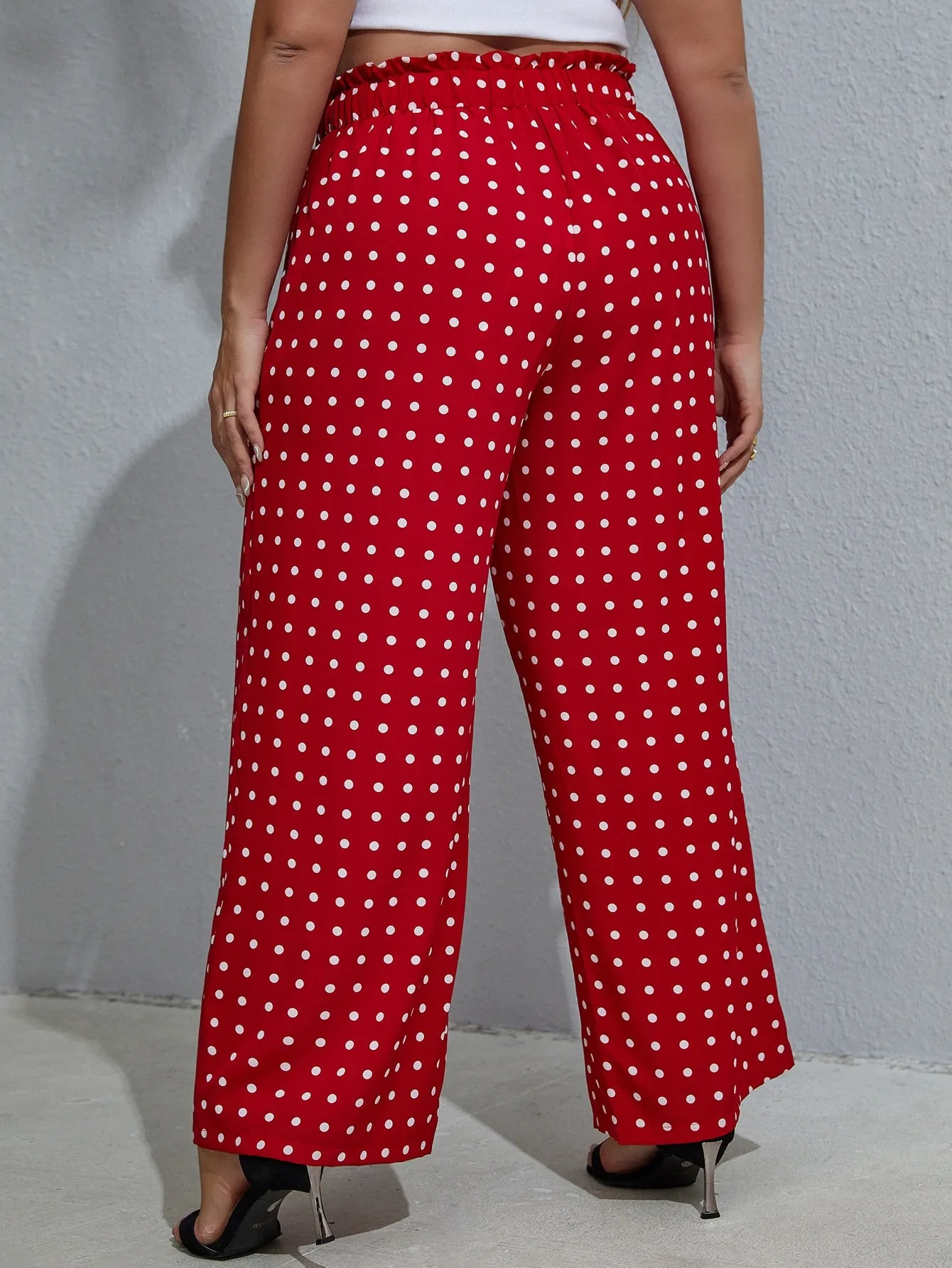 Polka Dot Paper Bag Waist Long Plus Size Pants