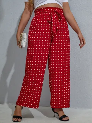 Polka Dot Paper Bag Waist Long Plus Size Pants