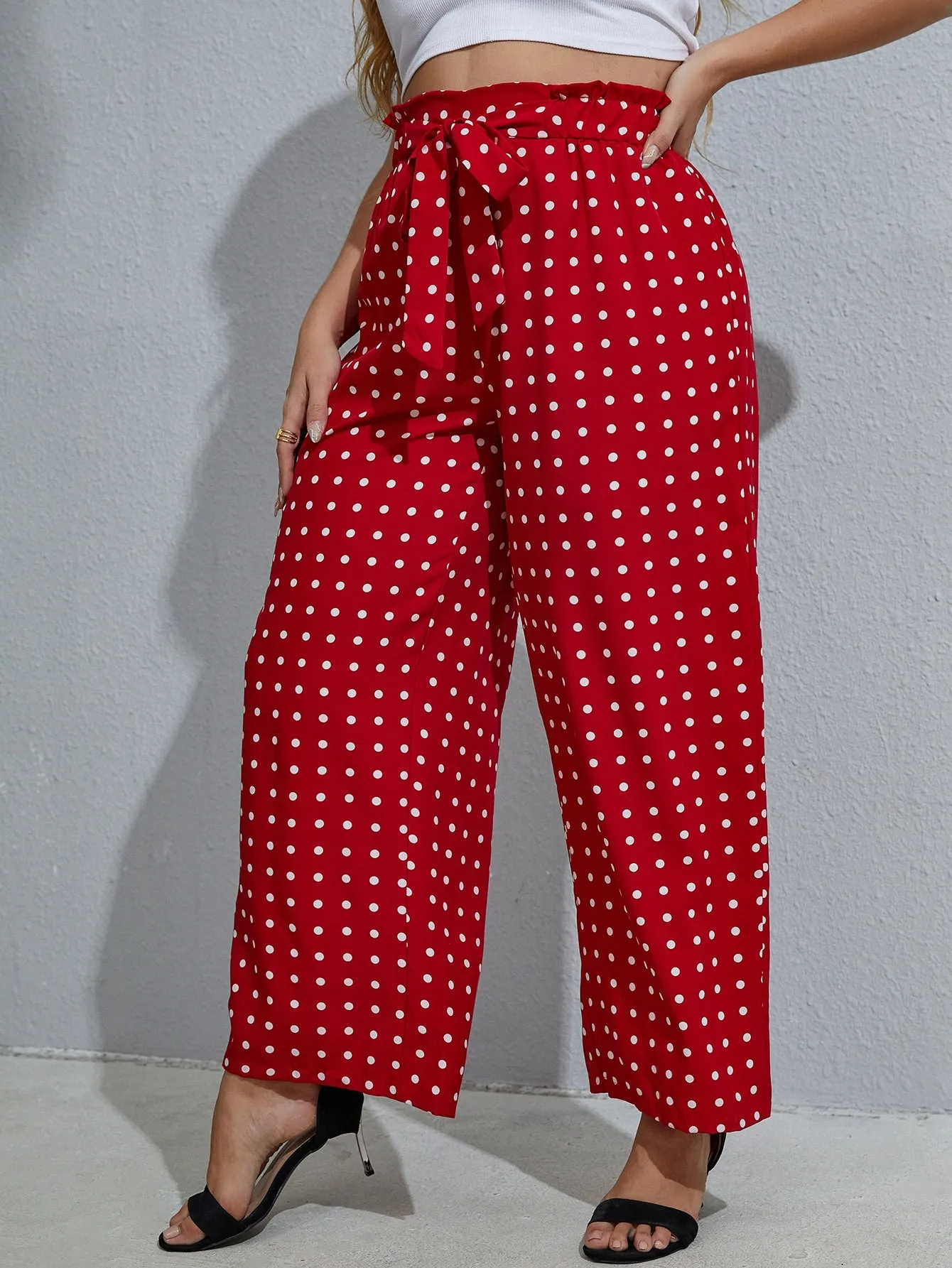 Polka Dot Paper Bag Waist Long Plus Size Pants