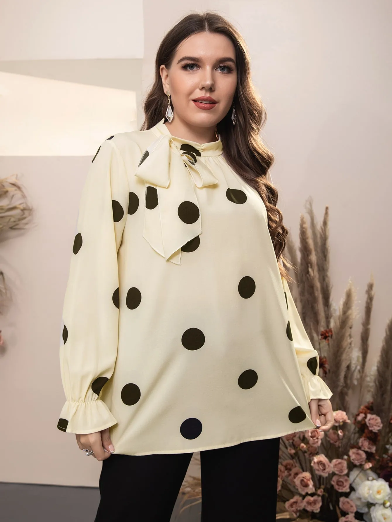 Polka Dot Ruffle Long Sleeve Tie Neck Long Plus Size Blouse