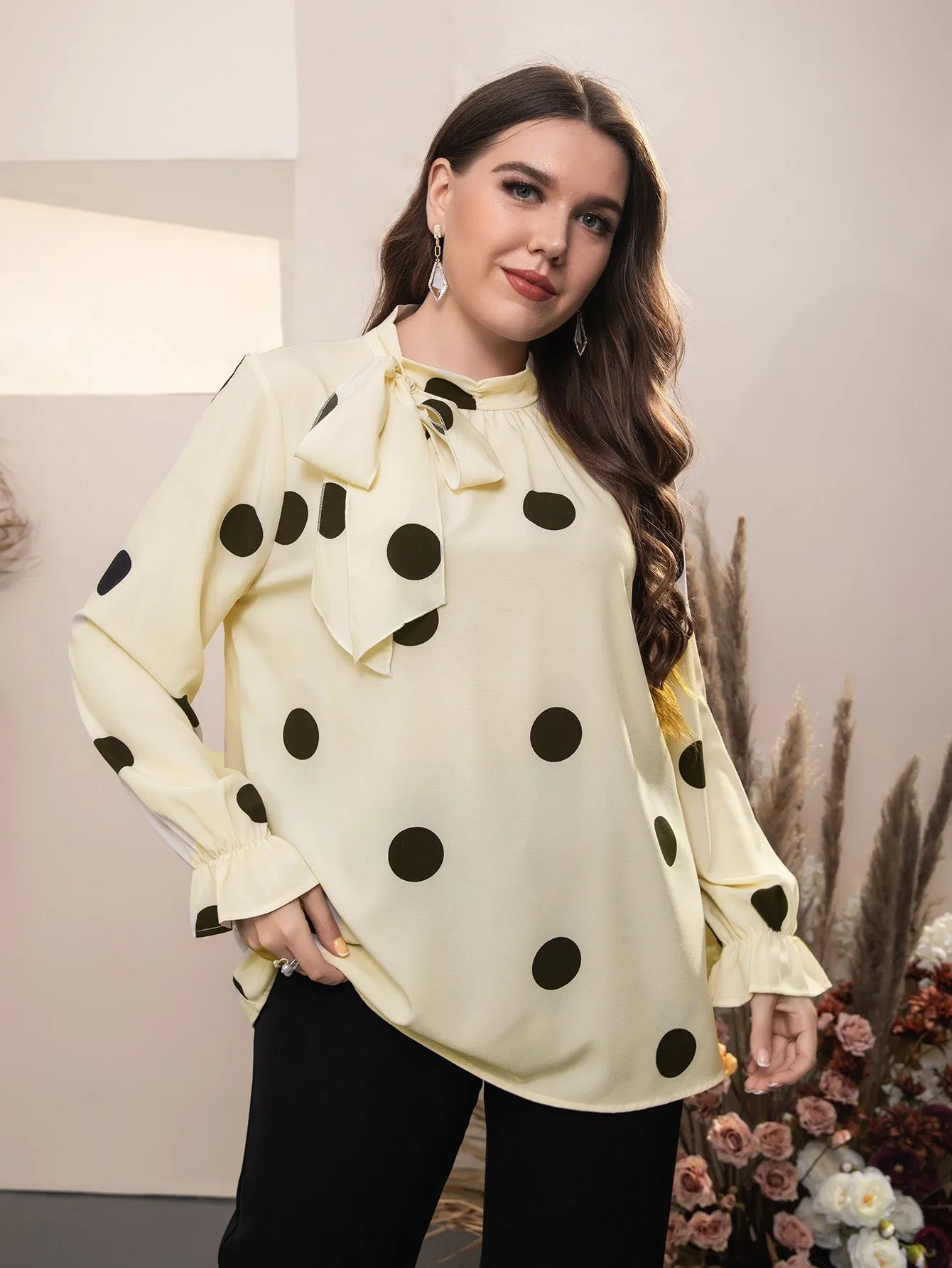 Polka Dot Ruffle Long Sleeve Tie Neck Long Plus Size Blouse