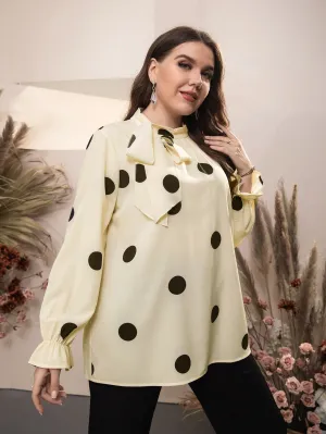Polka Dot Ruffle Long Sleeve Tie Neck Long Plus Size Blouse