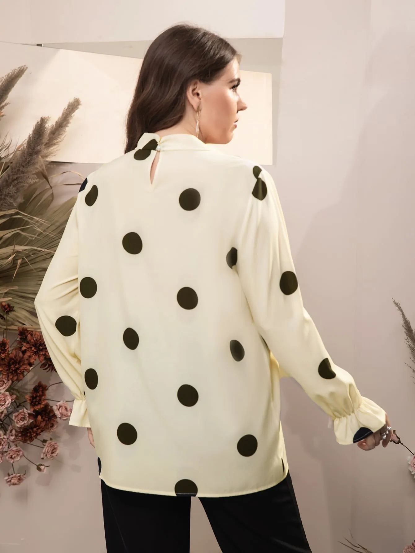 Polka Dot Ruffle Long Sleeve Tie Neck Long Plus Size Blouse