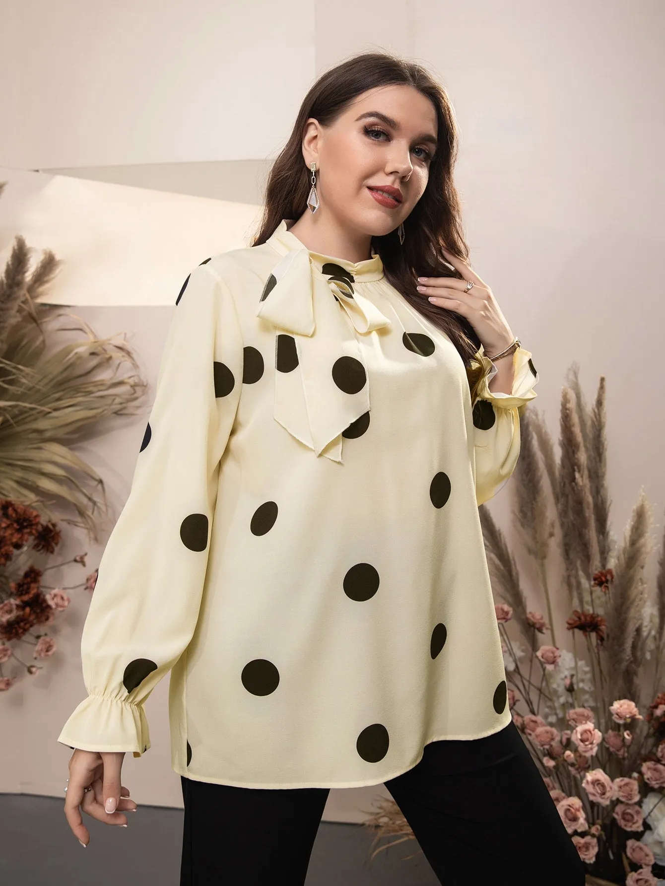 Polka Dot Ruffle Long Sleeve Tie Neck Long Plus Size Blouse
