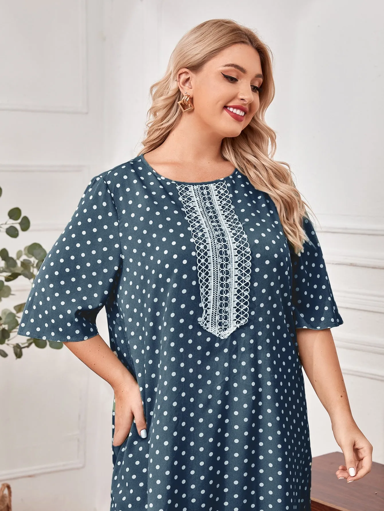 Polka Dot Split Three Quarter Length Sleeve Round Neck Slit Long Plus Size Blouse