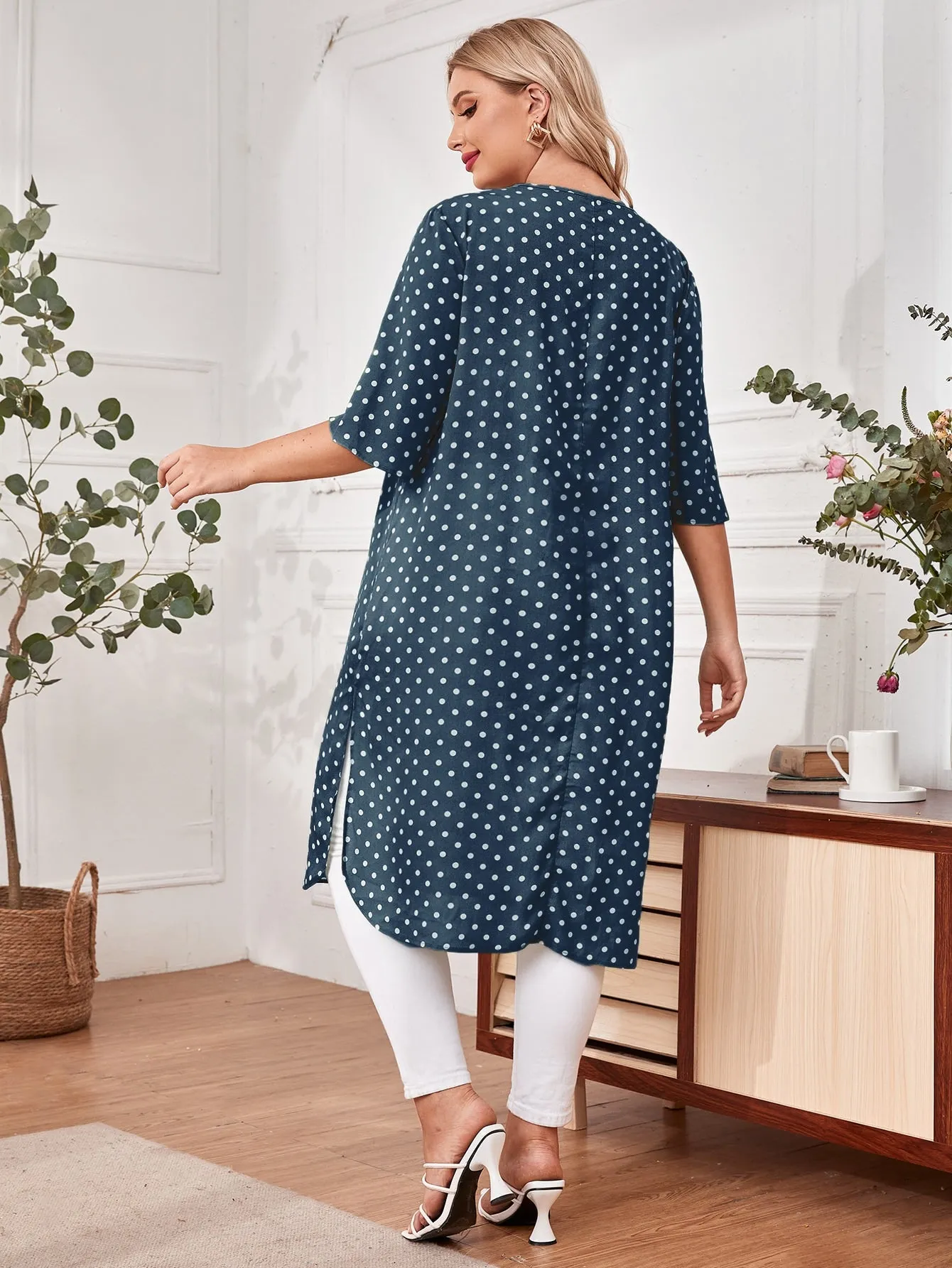 Polka Dot Split Three Quarter Length Sleeve Round Neck Slit Long Plus Size Blouse