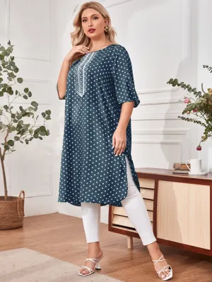 Polka Dot Split Three Quarter Length Sleeve Round Neck Slit Long Plus Size Blouse