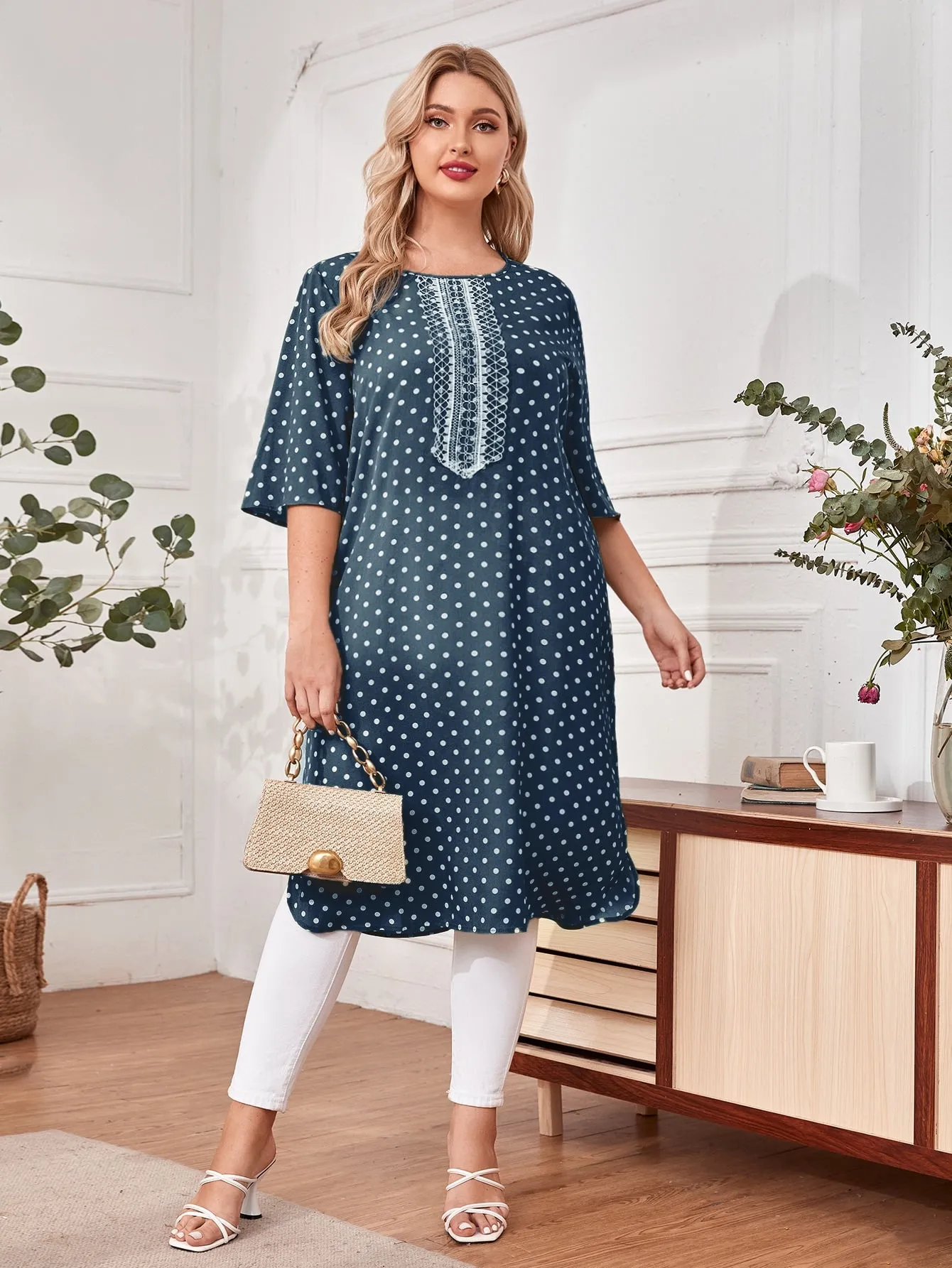 Polka Dot Split Three Quarter Length Sleeve Round Neck Slit Long Plus Size Blouse