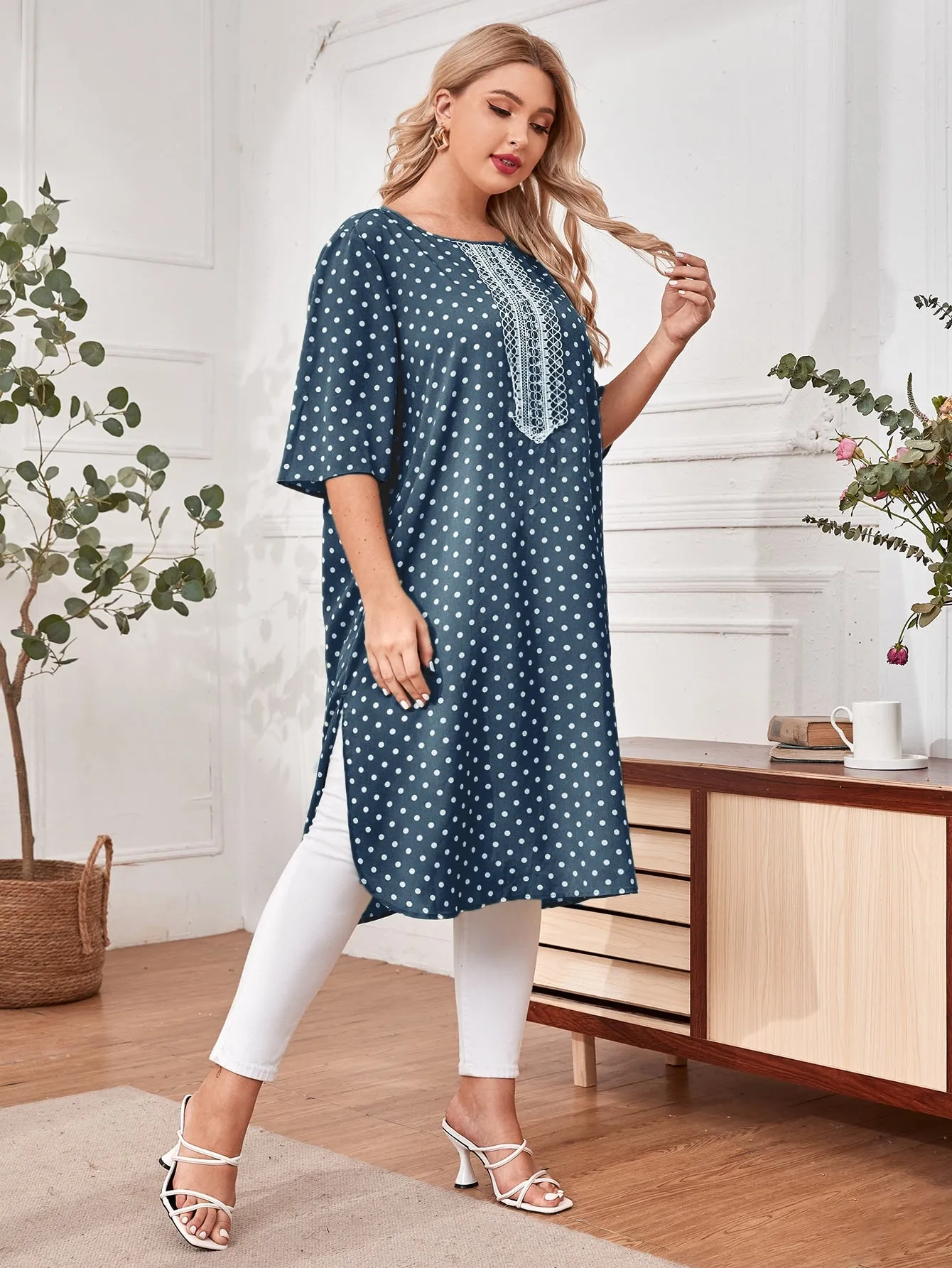 Polka Dot Split Three Quarter Length Sleeve Round Neck Slit Long Plus Size Blouse