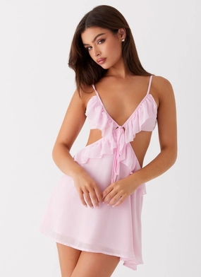Polly Ruffle Mini Dress - Pink Unique Appearance Bow Glow Polly Ruffle Mini Dress - Pink