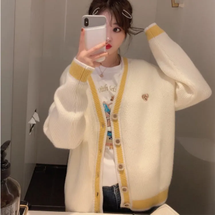 Popular Sweater Women Yellow V-Neck Korean Loose Cardigan Short Tops Outerwear