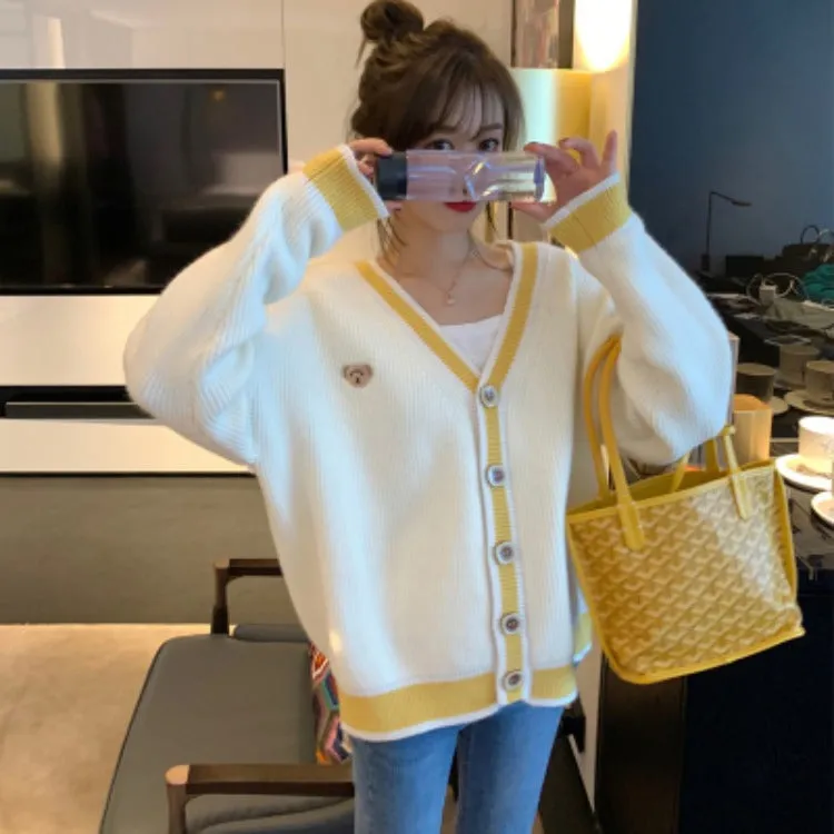 Popular Sweater Women Yellow V-Neck Korean Loose Cardigan Short Tops Outerwear