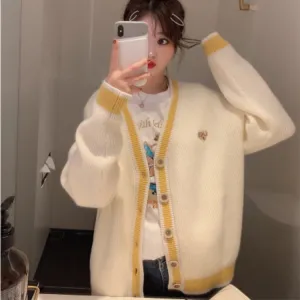 Popular Sweater Women Yellow V-Neck Korean Loose Cardigan Short Tops Outerwear