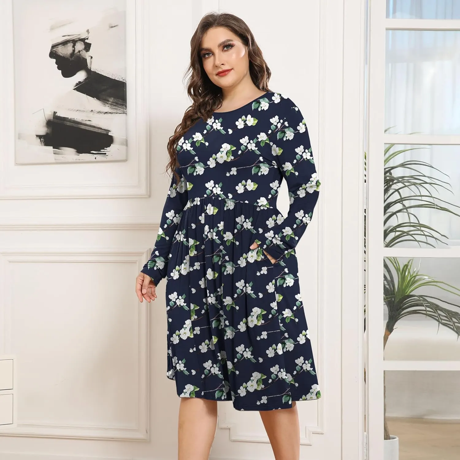 POSESHE Women's Plus Size Dresses 2024 Long Sleeves Crew Neck Casual Dresses Empire Waist Loose Flowy Dress with Pockets