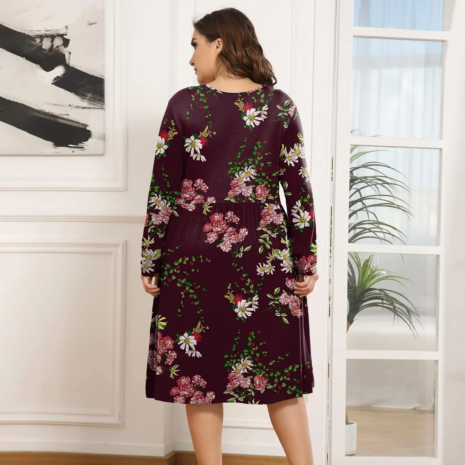 POSESHE Women's Plus Size Dresses 2024 Long Sleeves Crew Neck Casual Dresses Empire Waist Loose Flowy Dress with Pockets