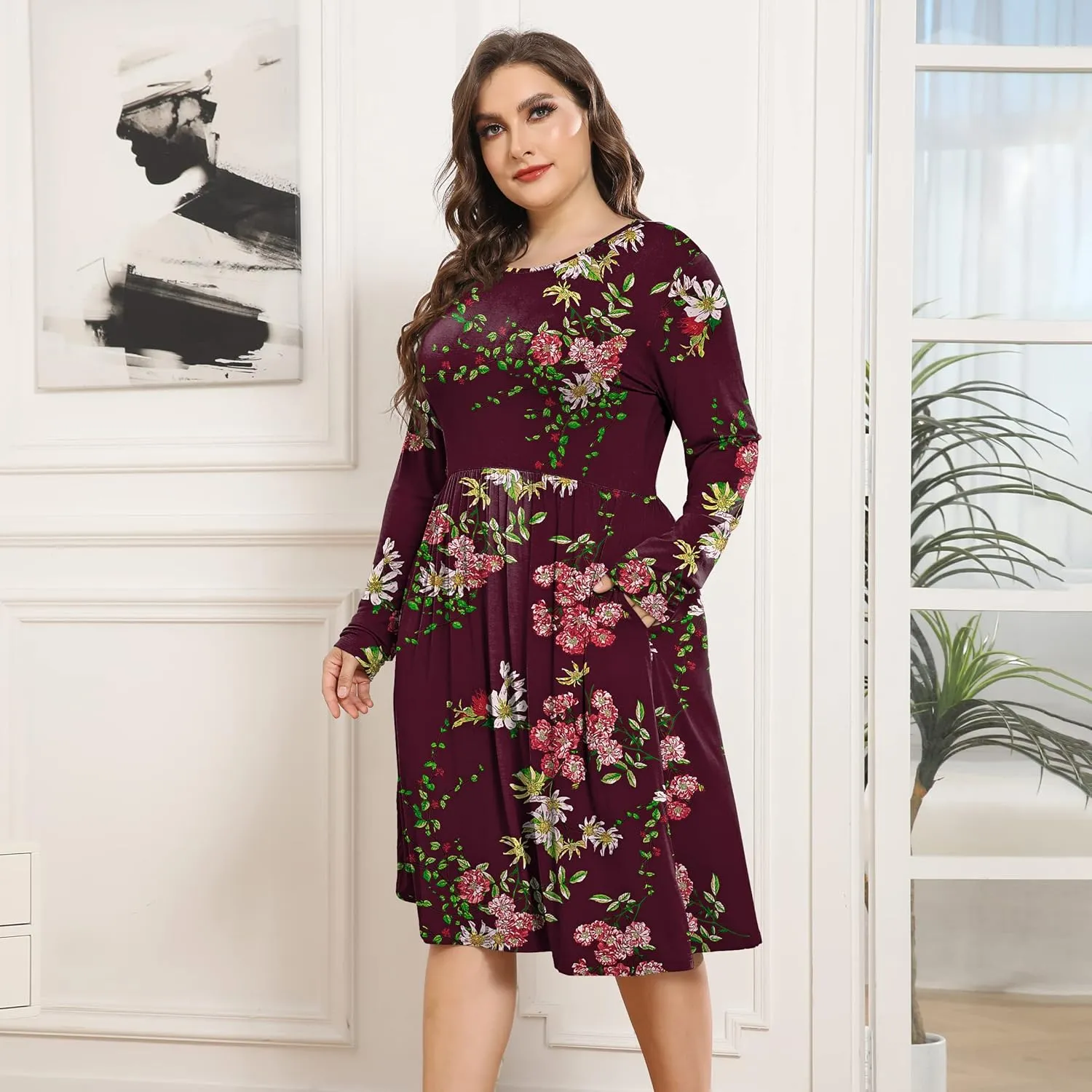 POSESHE Women's Plus Size Dresses 2024 Long Sleeves Crew Neck Casual Dresses Empire Waist Loose Flowy Dress with Pockets
