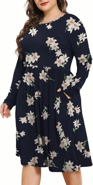 POSESHE Women's Plus Size Dresses 2024 Long Sleeves Crew Neck Casual Dresses Empire Waist Loose Flowy Dress with Pockets