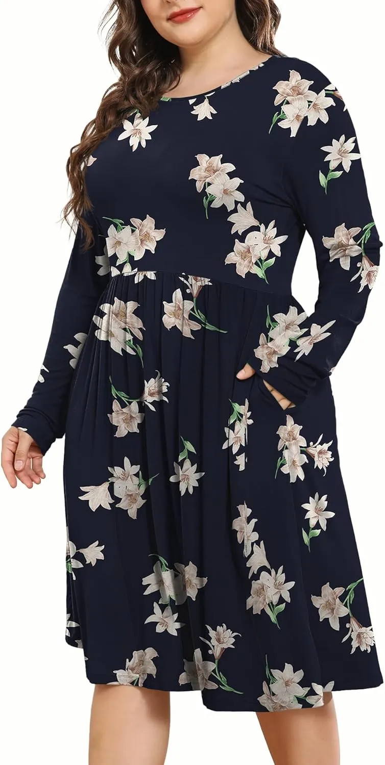 POSESHE Women's Plus Size Dresses 2024 Long Sleeves Crew Neck Casual Dresses Empire Waist Loose Flowy Dress with Pockets