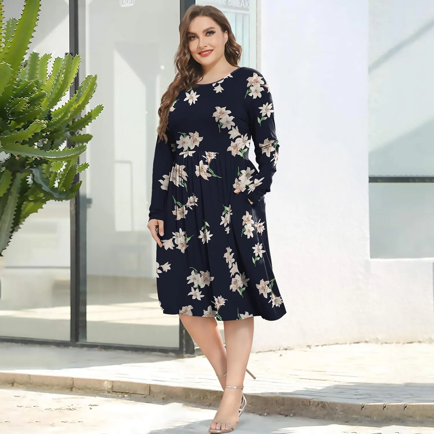 POSESHE Women's Plus Size Dresses 2024 Long Sleeves Crew Neck Casual Dresses Empire Waist Loose Flowy Dress with Pockets