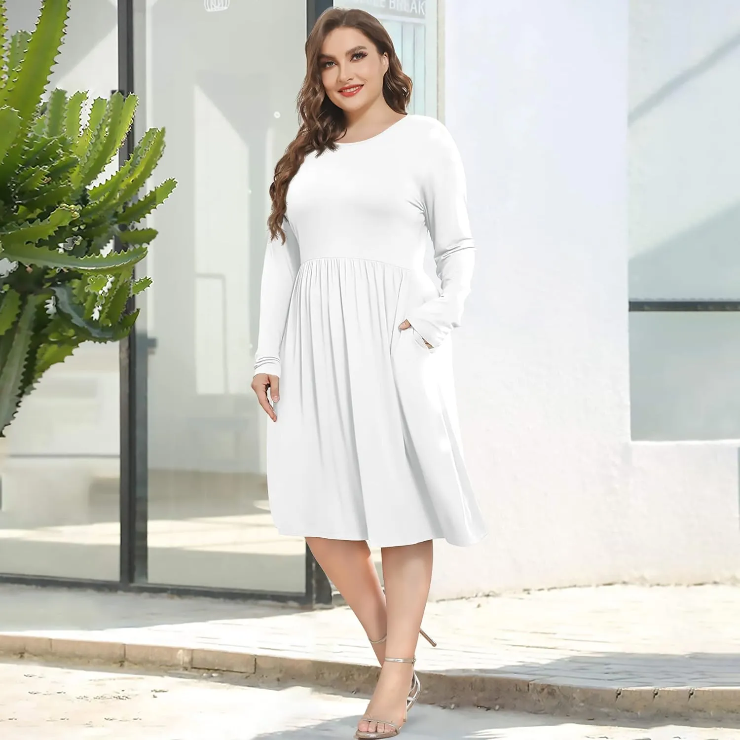 POSESHE Women's Plus Size Dresses 2024 Long Sleeves Crew Neck Casual Dresses Empire Waist Loose Flowy Dress with Pockets