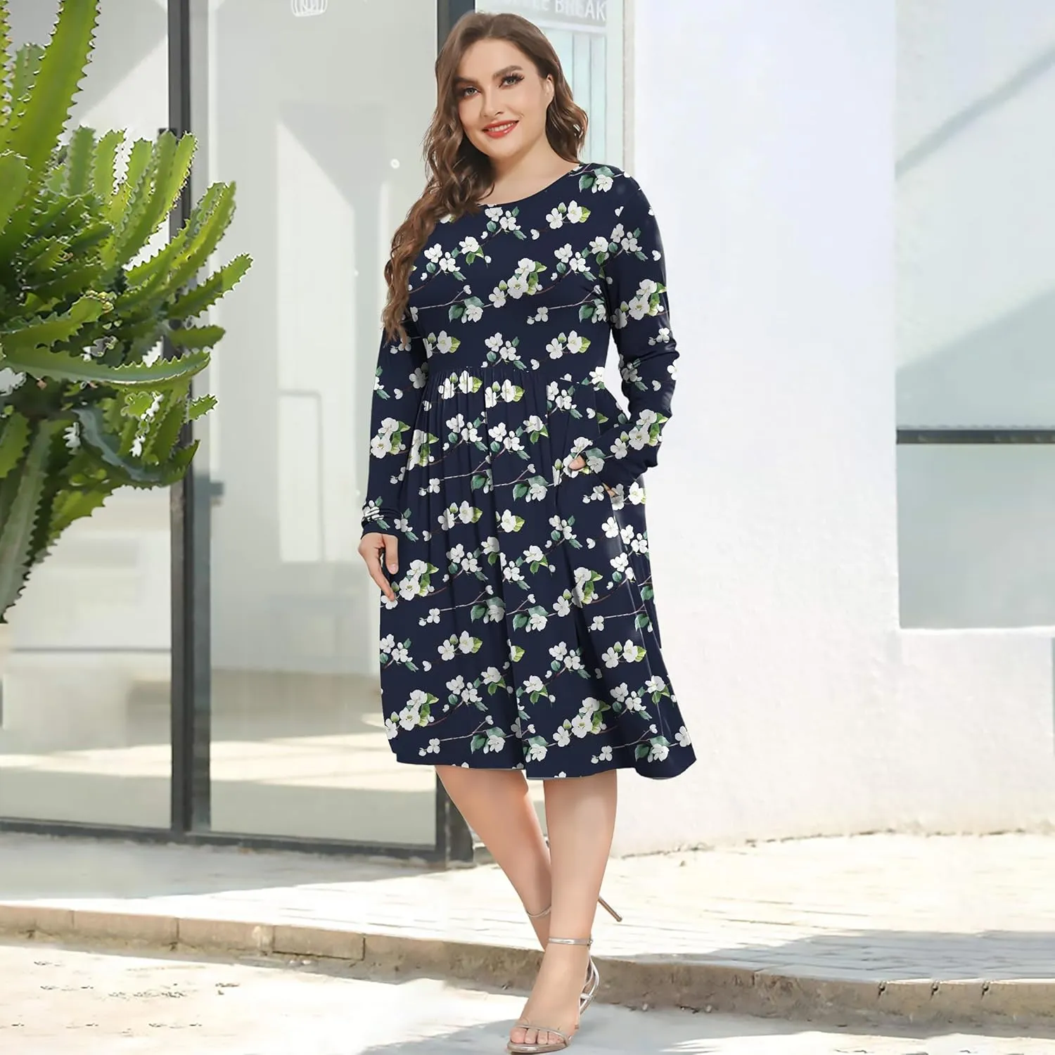 POSESHE Women's Plus Size Dresses 2024 Long Sleeves Crew Neck Casual Dresses Empire Waist Loose Flowy Dress with Pockets