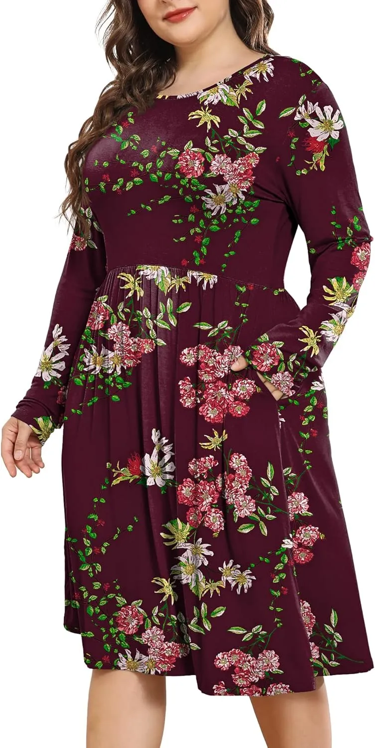 POSESHE Women's Plus Size Dresses 2024 Long Sleeves Crew Neck Casual Dresses Empire Waist Loose Flowy Dress with Pockets