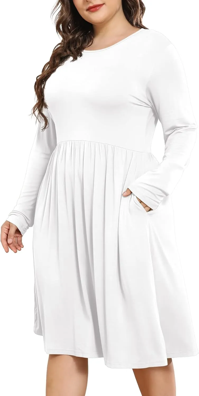 POSESHE Women's Plus Size Dresses 2024 Long Sleeves Crew Neck Casual Dresses Empire Waist Loose Flowy Dress with Pockets