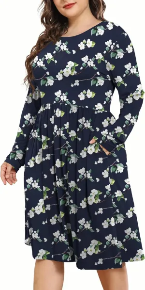 POSESHE Women's Plus Size Dresses 2024 Long Sleeves Crew Neck Casual Dresses Empire Waist Loose Flowy Dress with Pockets
