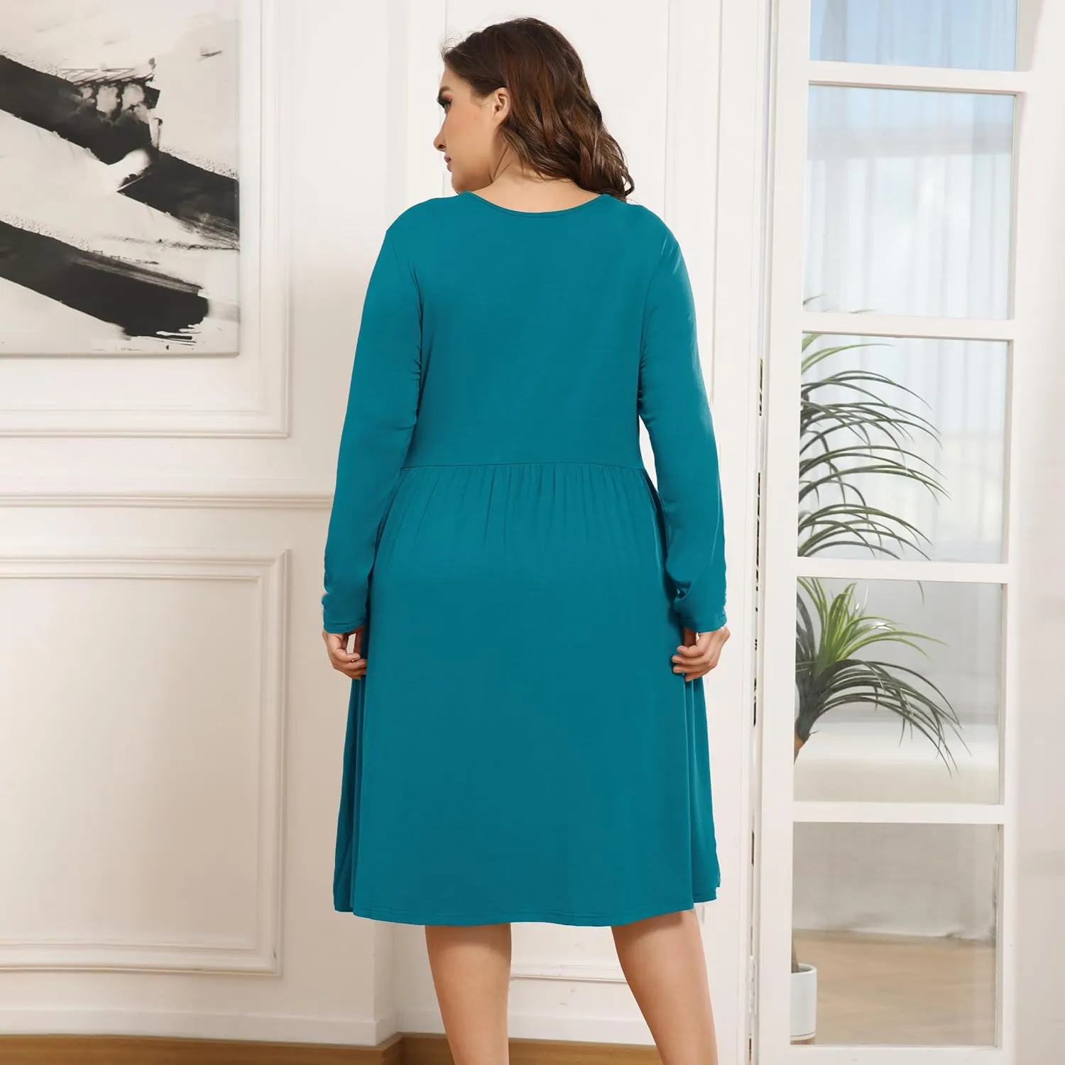 POSESHE Women's Plus Size Dresses 2024 Long Sleeves Crew Neck Casual Dresses Empire Waist Loose Flowy Dress with Pockets