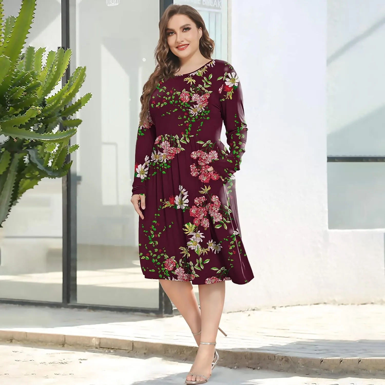 POSESHE Women's Plus Size Dresses 2024 Long Sleeves Crew Neck Casual Dresses Empire Waist Loose Flowy Dress with Pockets