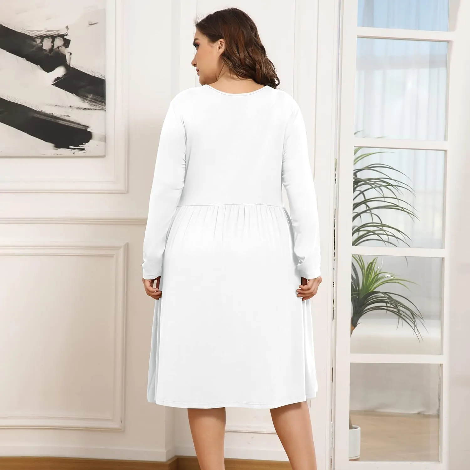 POSESHE Women's Plus Size Dresses 2024 Long Sleeves Crew Neck Casual Dresses Empire Waist Loose Flowy Dress with Pockets