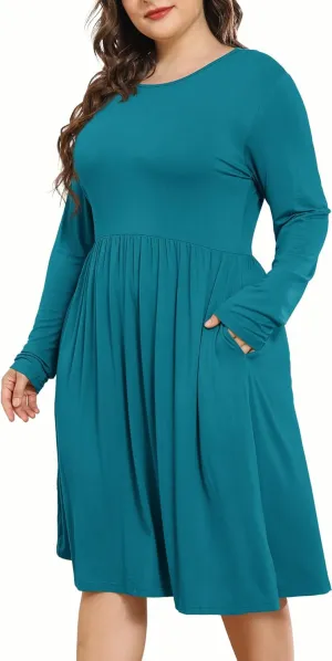 POSESHE Women's Plus Size Dresses 2024 Long Sleeves Crew Neck Casual Dresses Empire Waist Loose Flowy Dress with Pockets