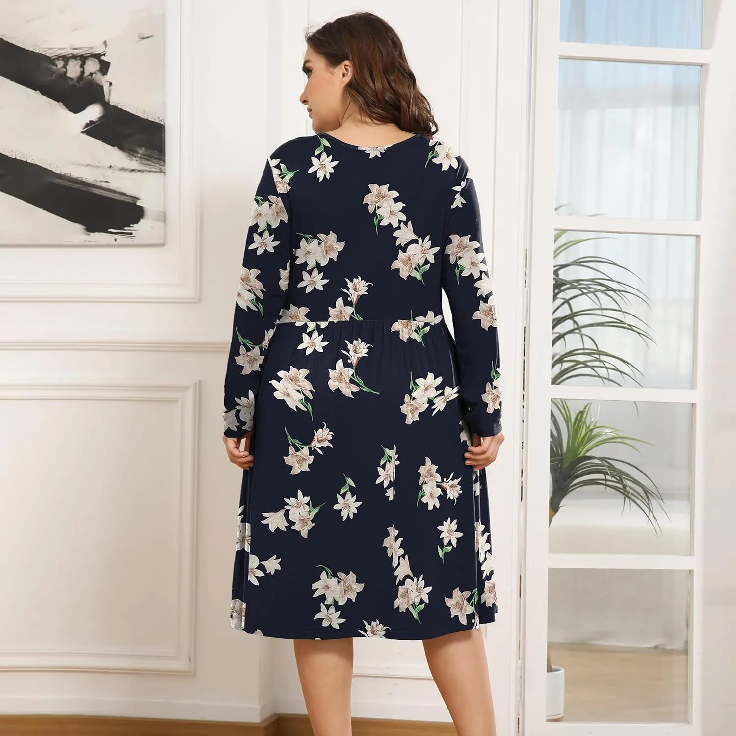 POSESHE Women's Plus Size Dresses 2024 Long Sleeves Crew Neck Casual Dresses Empire Waist Loose Flowy Dress with Pockets