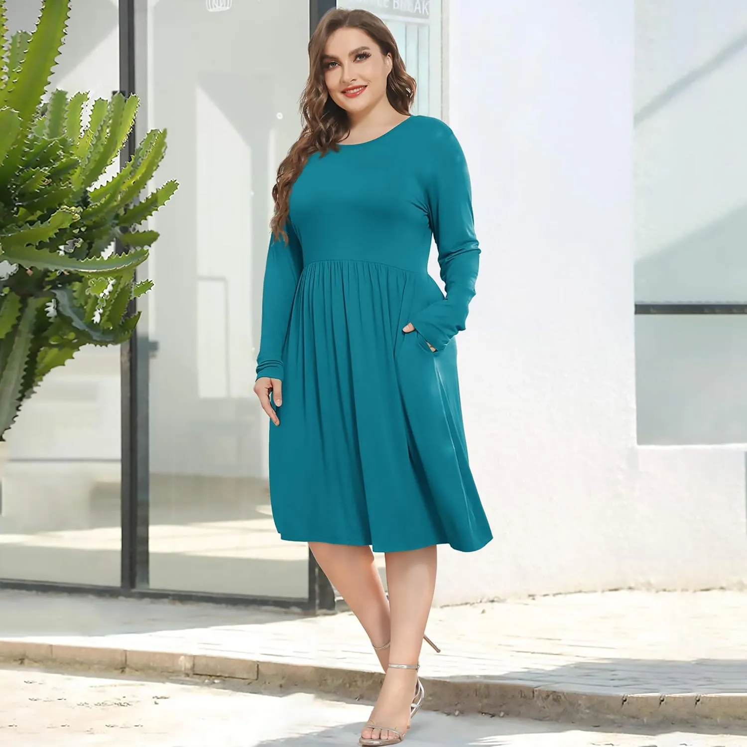 POSESHE Women's Plus Size Dresses 2024 Long Sleeves Crew Neck Casual Dresses Empire Waist Loose Flowy Dress with Pockets